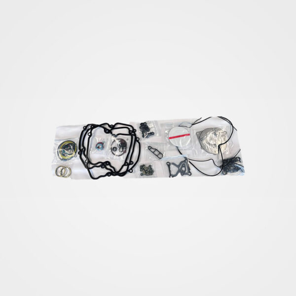 Diesel engine gasket and seal kit featuring black rubber gaskets, O-rings, metal seals, bolts, and assorted engine components on a white background.