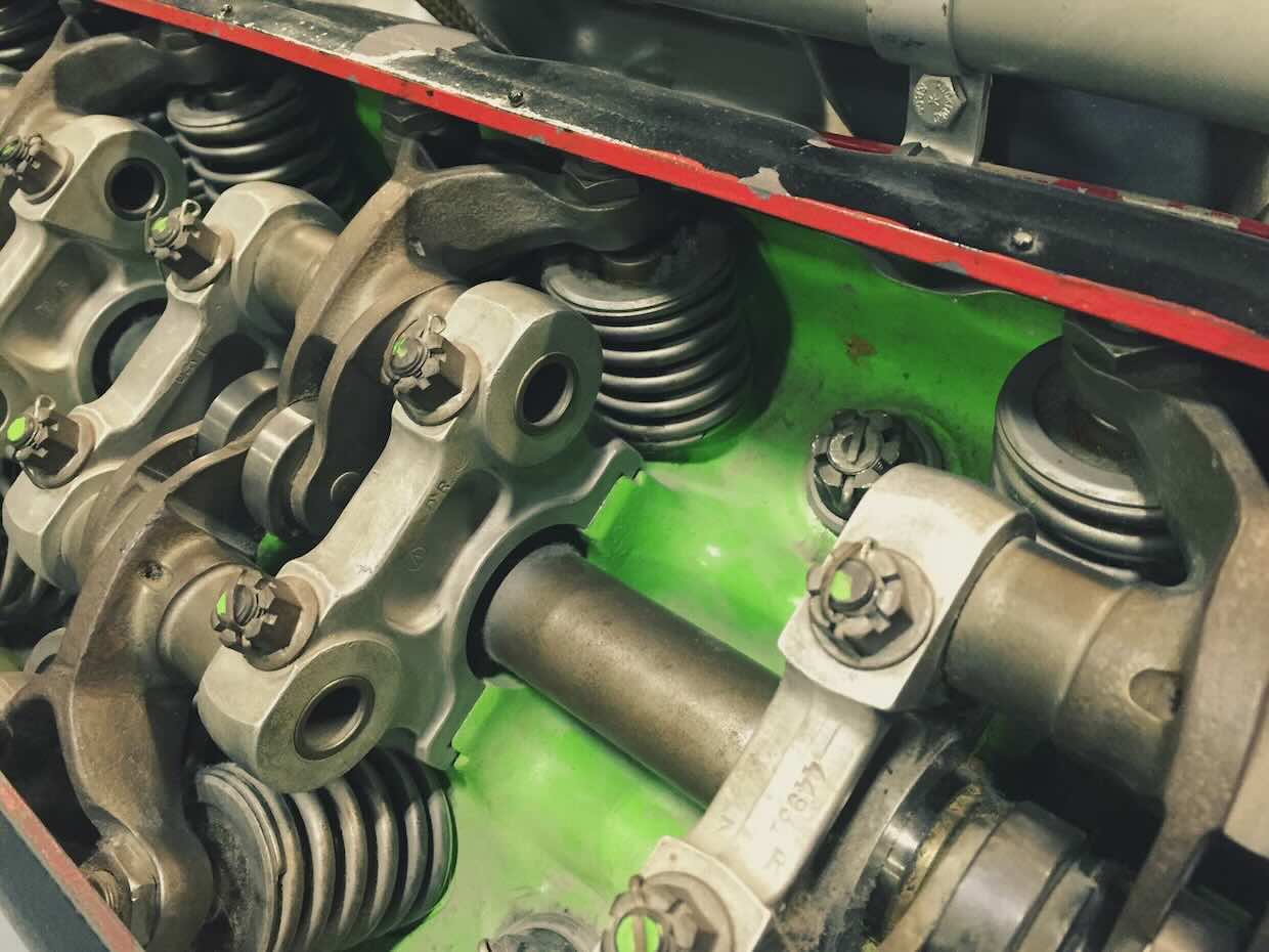 close-up view of a valvetrain assembly inside the cylinder head